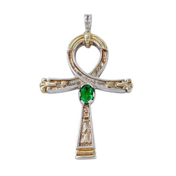 Estate Sterling Silver 925 Green Cubic Zirconia Egyptian Ankh Cross Pendant - Picture 3 of 9